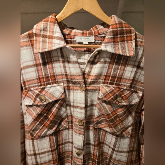 Women's Plaid Button Down Flannel Warm Shades Of Orange, Cream, Rust Brown. - Picture 4 of 4